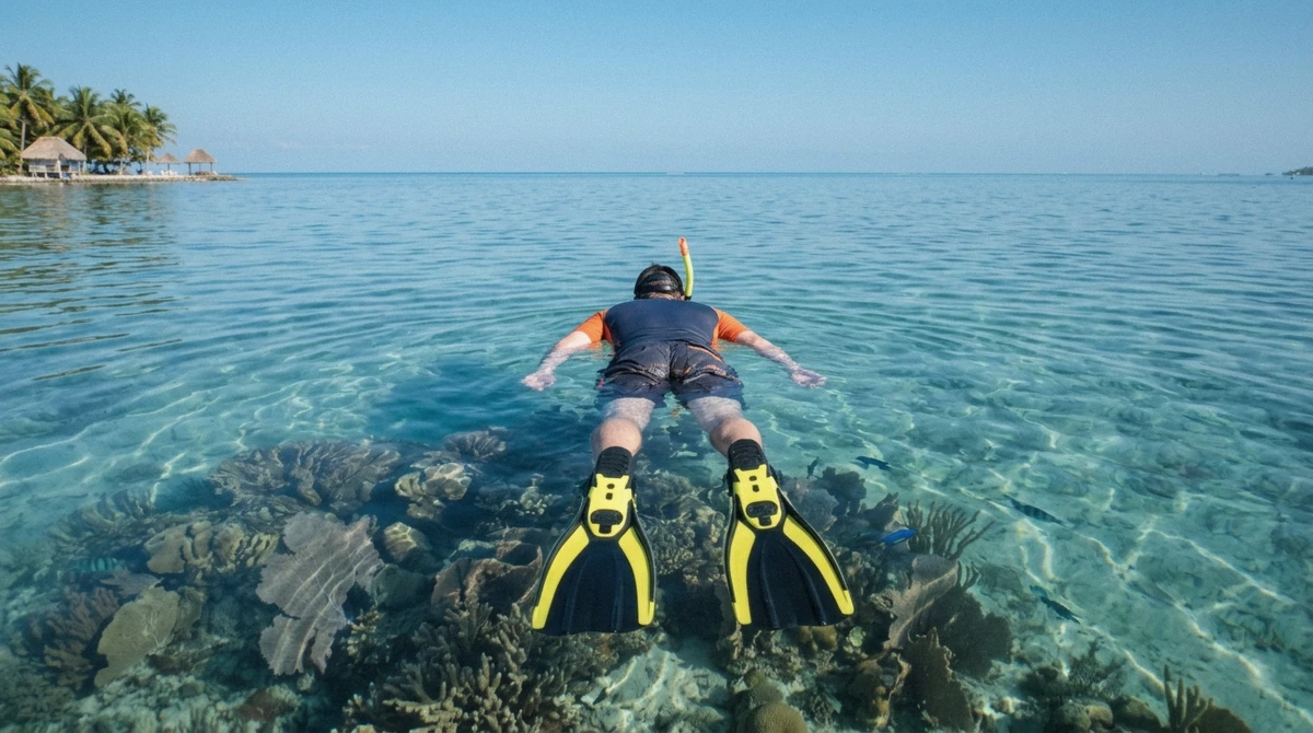 A snorkeler on glassy calm turquoise water over the reef in the December dry season, the best time for caye caulker belize snorkeling