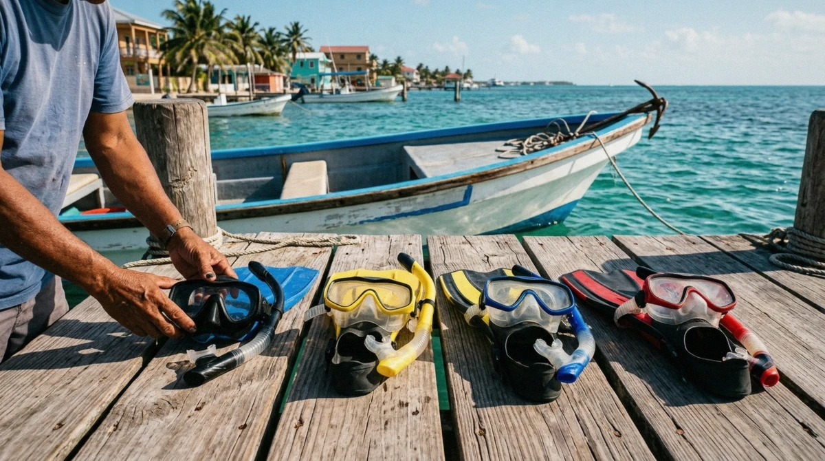 Snorkel masks and fins laid out on a Caye Caulker dock before a caye caulker belize snorkeling tour departure