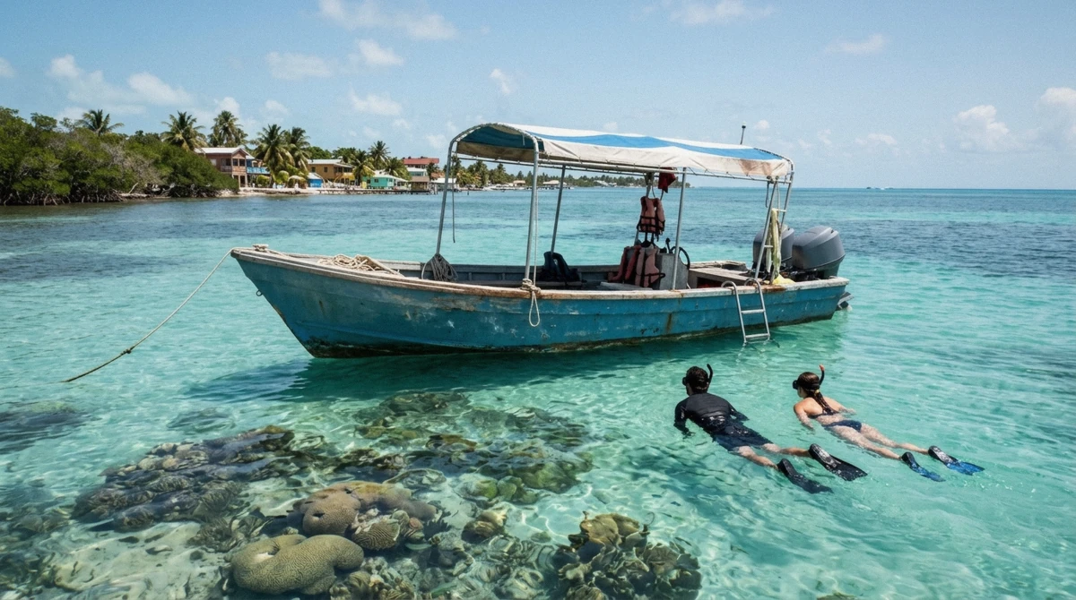 A small tour boat idling at a reef stop while snorkelers float nearby, deciding between a half day and full day caye caulker belize snorkeling trip