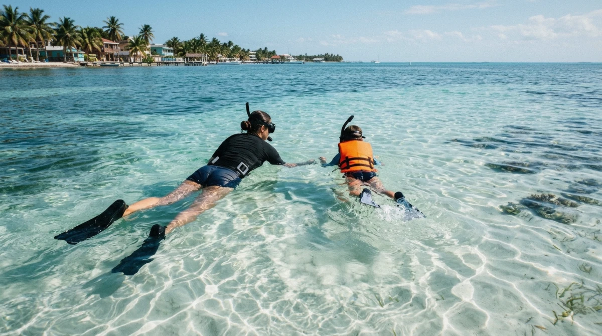 A child in a bright life jacket snorkeling beside a guide in the calm shallow water of a caye caulker belize snorkeling stop
