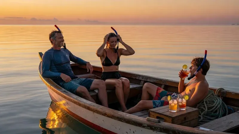 Snorkelers at Coral Gardens watching the Belize sunset from a high-speed boat during a half-day caye caulker snorkeling tour with sunset cruise