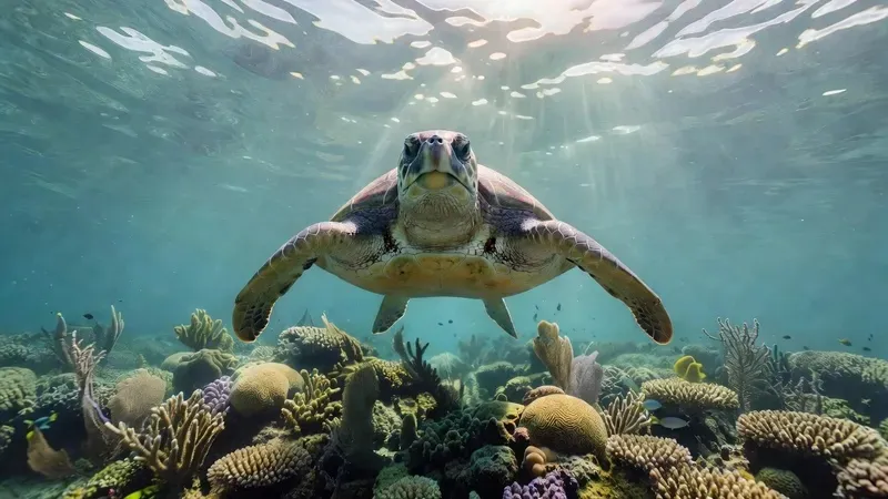 A snorkeler gliding through the Hol Chan Channel alongside a sea turtle on a 6-stop caye caulker belize snorkeling adventure with Blackhawk Tours