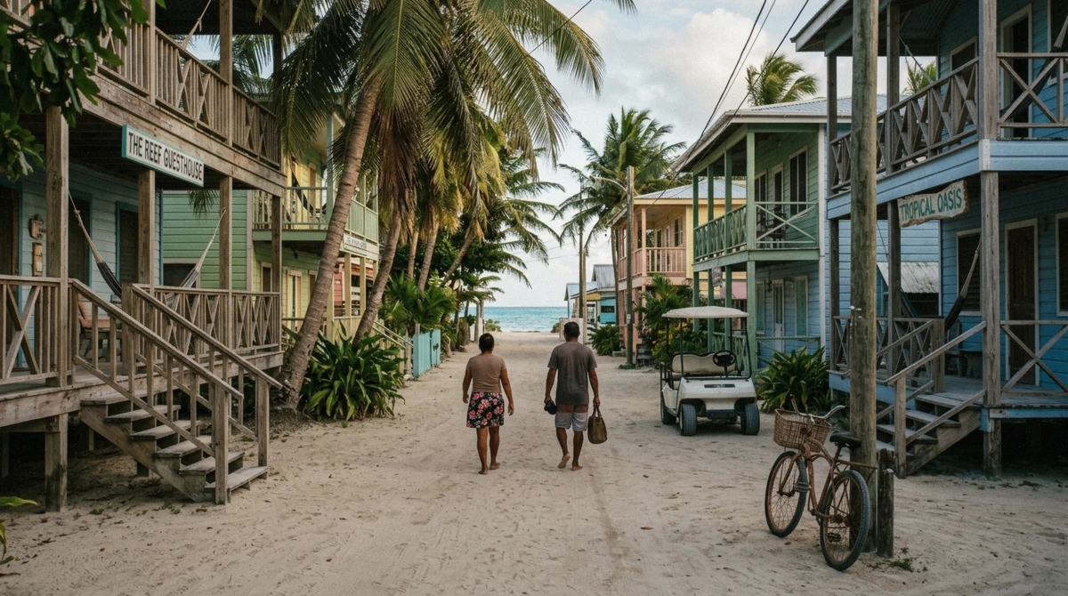 Wooden cabanas and palms along the sand front street of Caye Caulker Belize, the village most visitors stay in